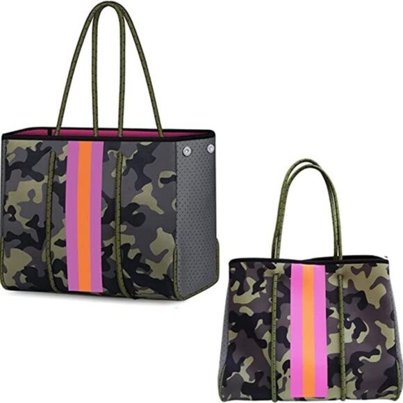 Camo Print Versatile Tote Bag | NWT | Large Size | Bold Pink and Orange Detail - Picture 2 of 9